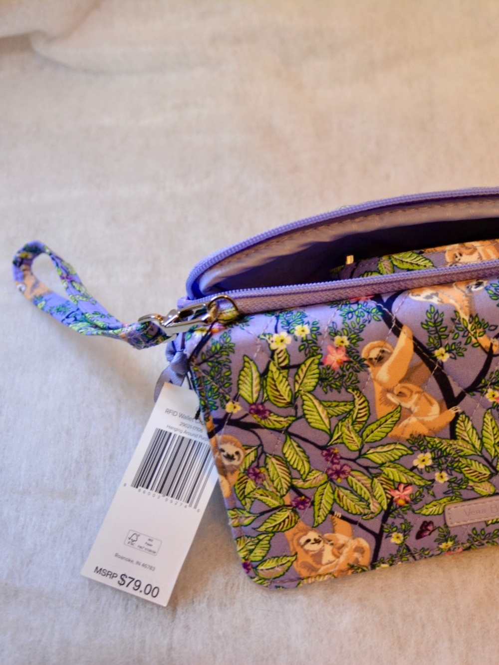 Vera Bradley, NWT, Hanging Around Purple (Sloth) RFID Wallet, Crossbody w/strap
